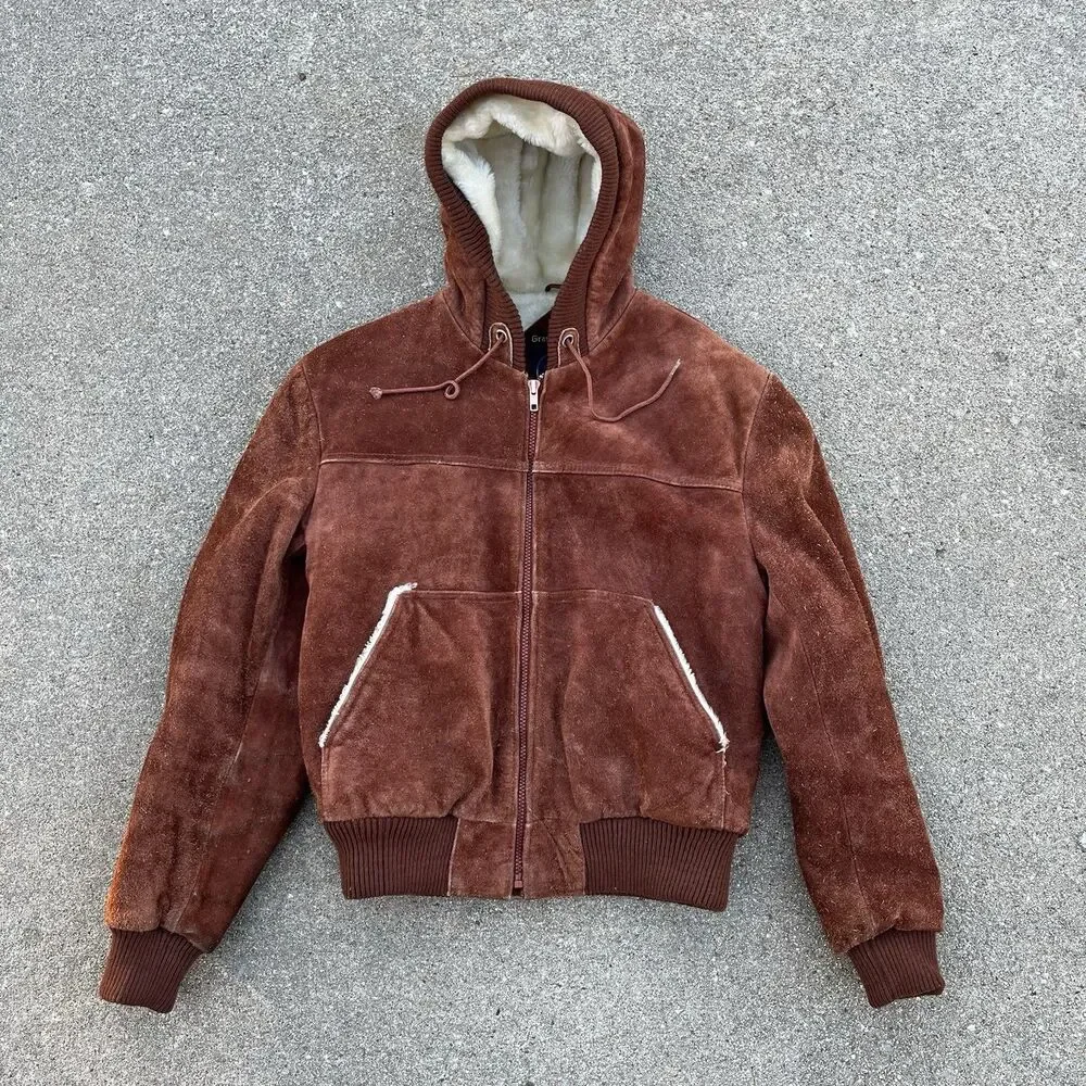 Vintage Grande-Bay Brown Suede Leather Fur Lined Zip Up Jacket Size 40 Medium